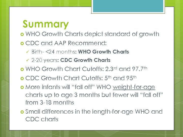 Summary WHO Growth Charts depict standard of growth CDC and AAP Recommend: ü Birth-