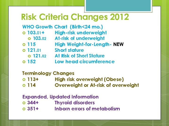 Risk Criteria Changes 2012 WHO Growth Chart (Birth<24 mo. ) 103. 01+ High-risk underweight