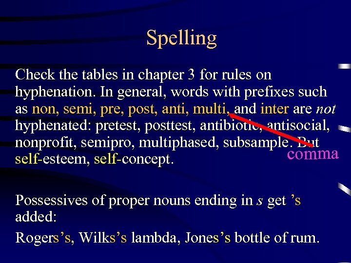 Spelling Check the tables in chapter 3 for rules on hyphenation. In general, words