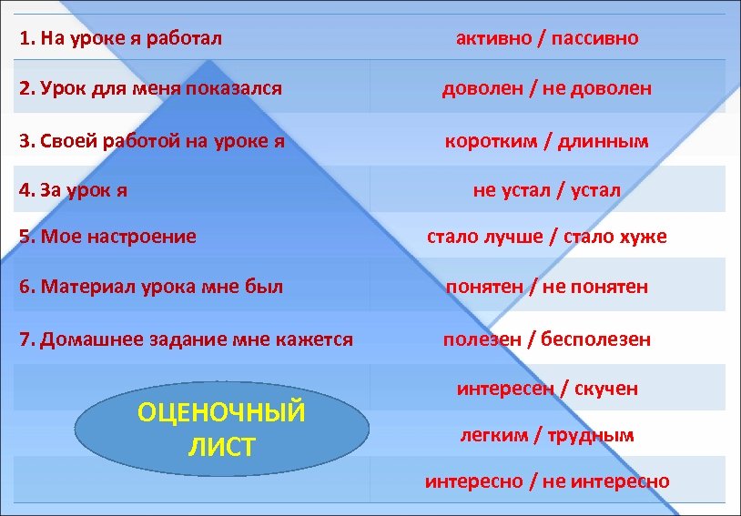 1. На уроке я работал активно / пассивно 2. Урок для меня показался доволен
