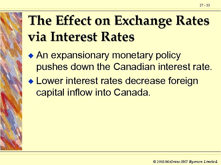 17 - 33 The Effect on Exchange Rates via Interest Rates An expansionary monetary