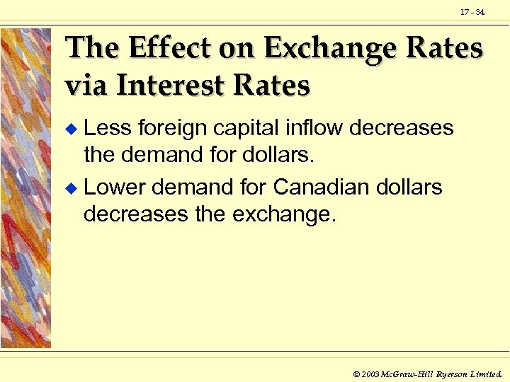17 - 34 The Effect on Exchange Rates via Interest Rates Less foreign capital