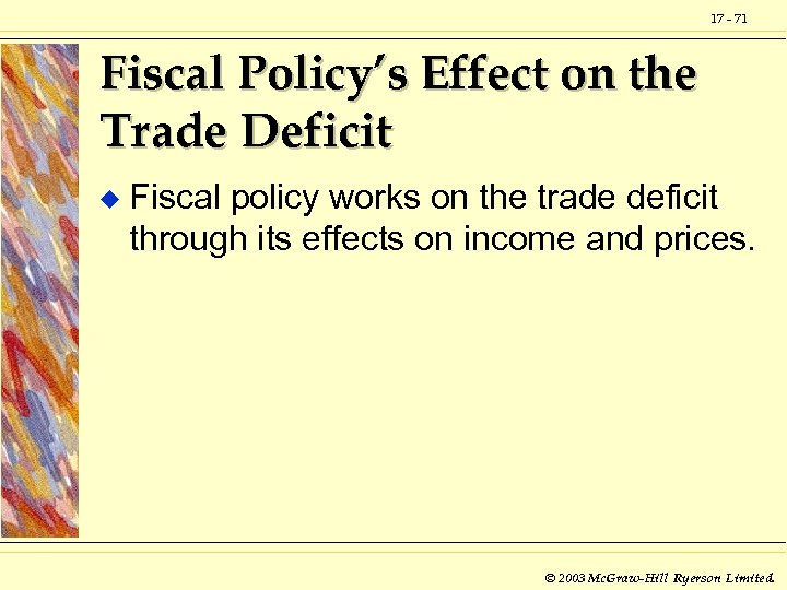 17 - 71 Fiscal Policy’s Effect on the Trade Deficit u Fiscal policy works