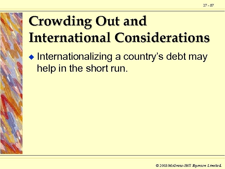 17 - 87 Crowding Out and International Considerations u Internationalizing a country’s debt may