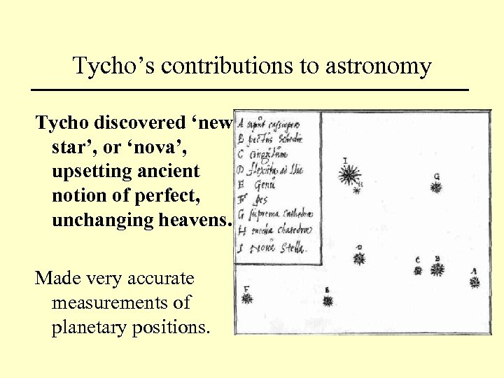 Tycho’s contributions to astronomy Tycho discovered ‘new star’, or ‘nova’, upsetting ancient notion of