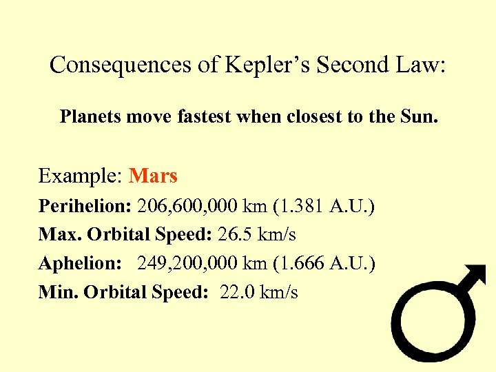 Consequences of Kepler’s Second Law: Planets move fastest when closest to the Sun. Example: