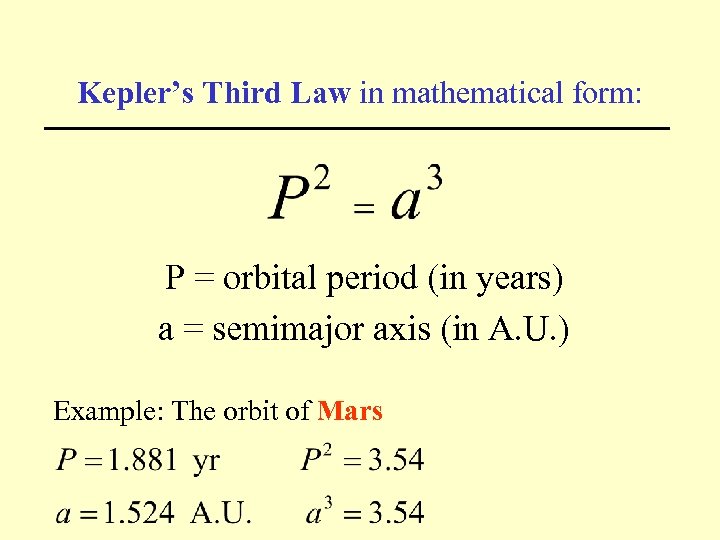 Kepler’s Third Law in mathematical form: P = orbital period (in years) a =