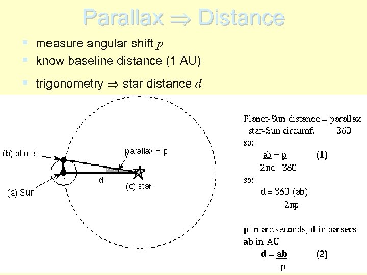 Parallax Distance § measure angular shift p § know baseline distance (1 AU) §