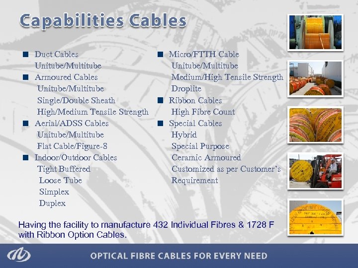 Duct Cables Unitube/Multitube Armoured Cables Unitube/Multitube Single/Double Sheath High/Medium Tensile Strength Aerial/ADSS Cables Unitube/Multitube