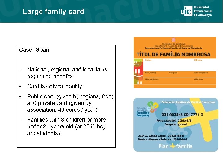Large family card Case: Spain - National, regional and local laws regulating benefits -