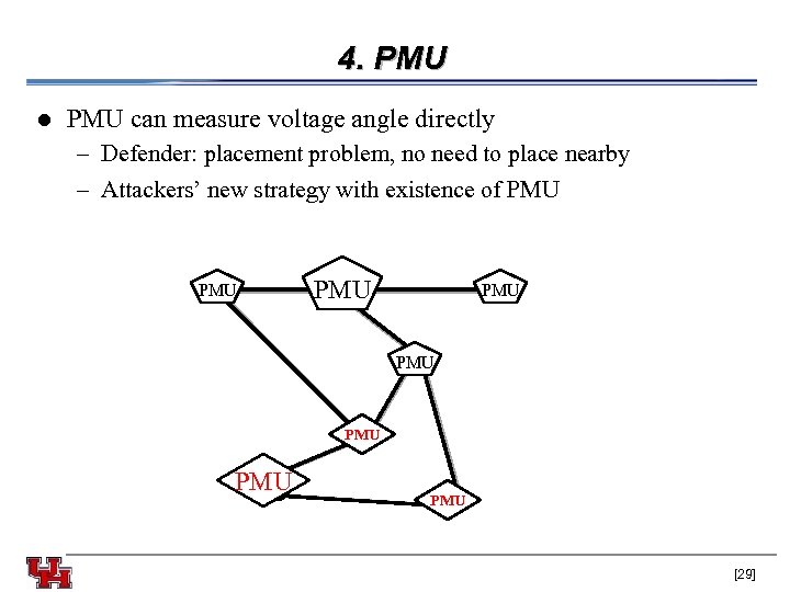4. PMU l PMU can measure voltage angle directly – Defender: placement problem, no