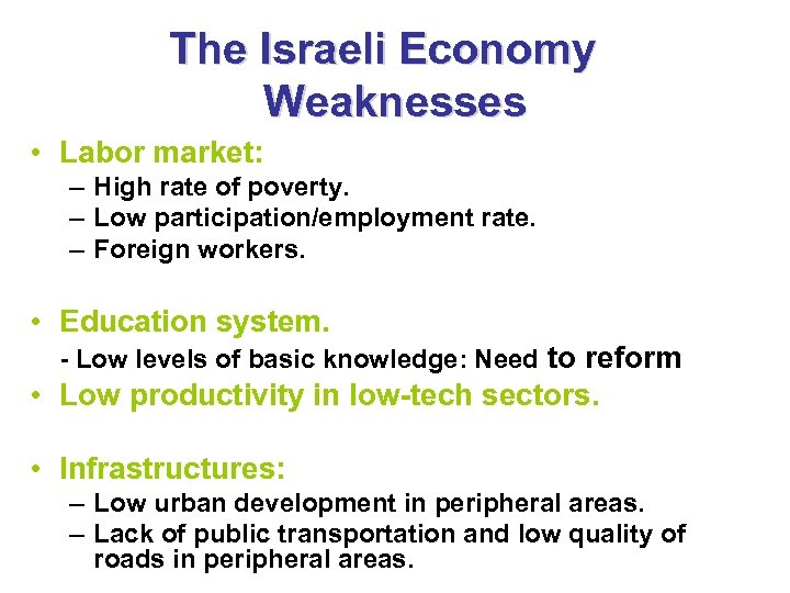 The Israeli Economy Weaknesses • Labor market: – High rate of poverty. – Low
