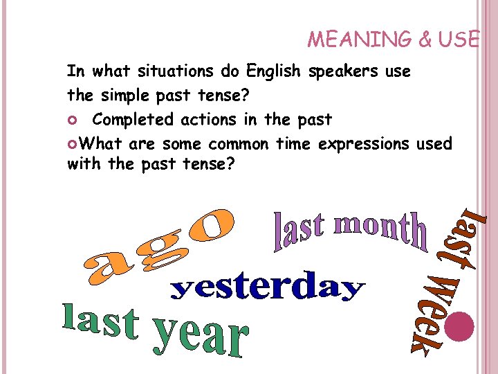 MEANING & USE In what situations do English speakers use the simple past tense?