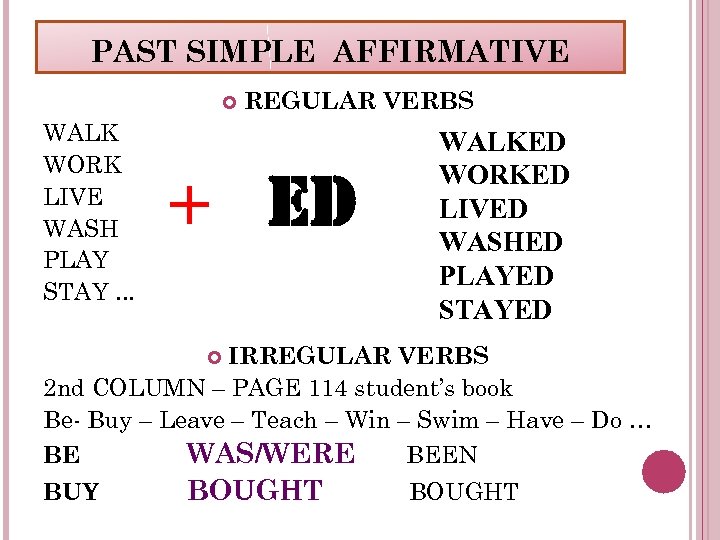 PAST SIMPLE AFFIRMATIVE WALK WORK LIVE WASH PLAY STAY. . . REGULAR VERBS +