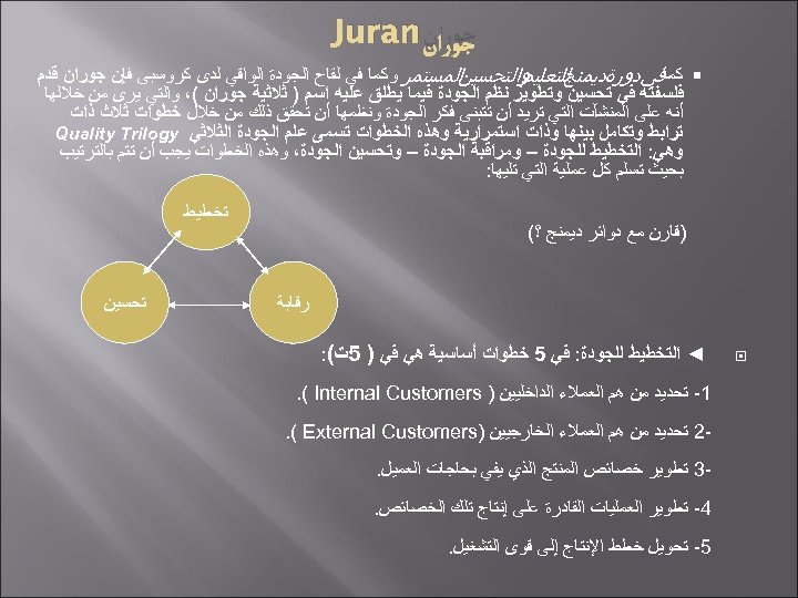  ﺟﻮﺭﺍﻥ Juran ﺍﻟﻤﺴﺘﻤﺮ ﻭﻛﻤﺎ ﻓﻲ ﻟﻘﺎﺡ ﺍﻟﺠﻮﺩﺓ ﺍﻟﻮﺍﻗﻲ ﻟﺪﻯ ﻛﺮﻭﺳﺒﻰ ﻓﺈﻥ ﺟﻮﺭﺍﻥ ﻗﺪﻡ