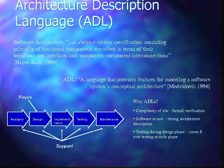 Architecture Description Language (ADL) Software Architecture: “. . an abstract system specification consisting primarily