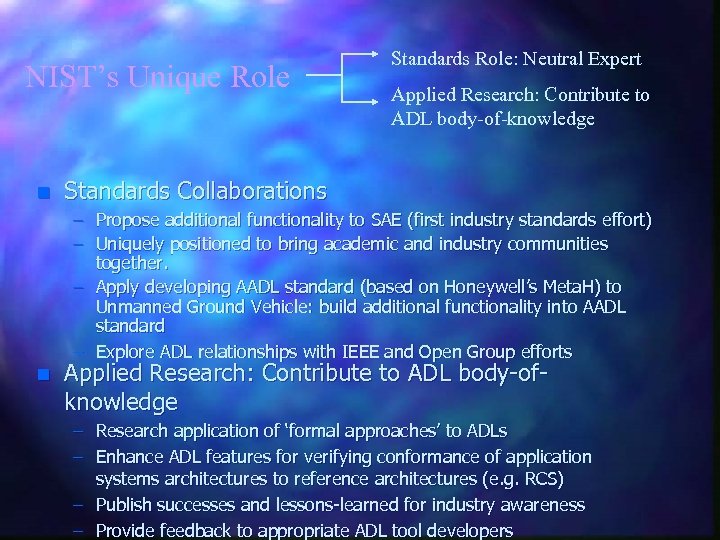 NIST’s Unique Role n Standards Role: Neutral Expert Applied Research: Contribute to ADL body-of-knowledge