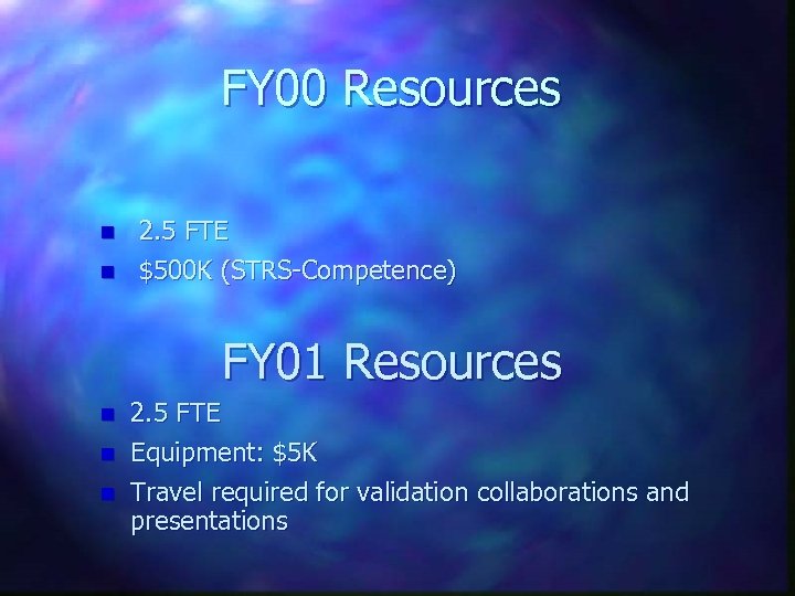 FY 00 Resources n n 2. 5 FTE $500 K (STRS-Competence) FY 01 Resources