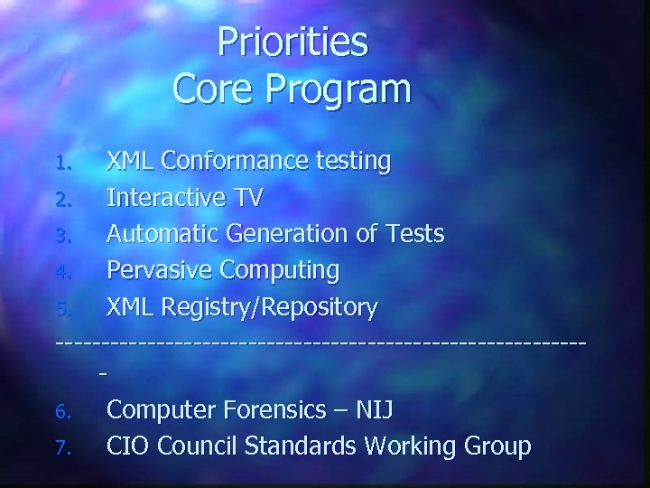 Priorities Core Program XML Conformance testing 2. Interactive TV 3. Automatic Generation of Tests