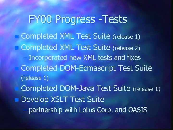 FY 00 Progress -Tests Completed XML Test Suite n (release 1) (release 2) –