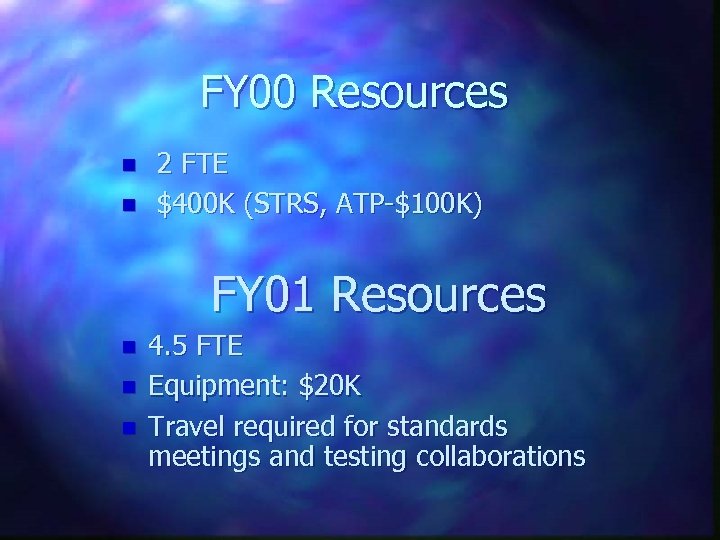 FY 00 Resources n n 2 FTE $400 K (STRS, ATP-$100 K) FY 01