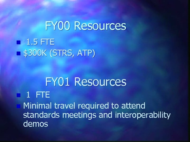 FY 00 Resources 1. 5 FTE n $300 K (STRS, ATP) n FY 01