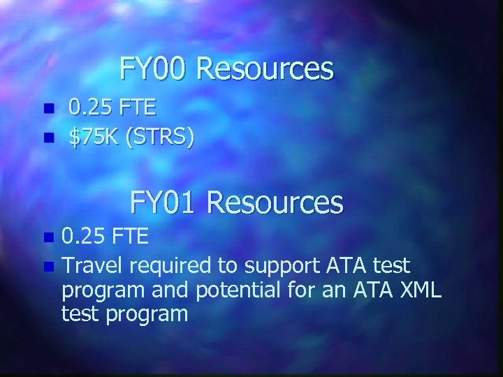 FY 00 Resources n n 0. 25 FTE $75 K (STRS) FY 01 Resources