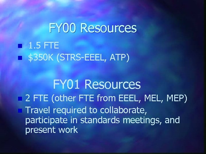 FY 00 Resources n n 1. 5 FTE $350 K (STRS-EEEL, ATP) FY 01