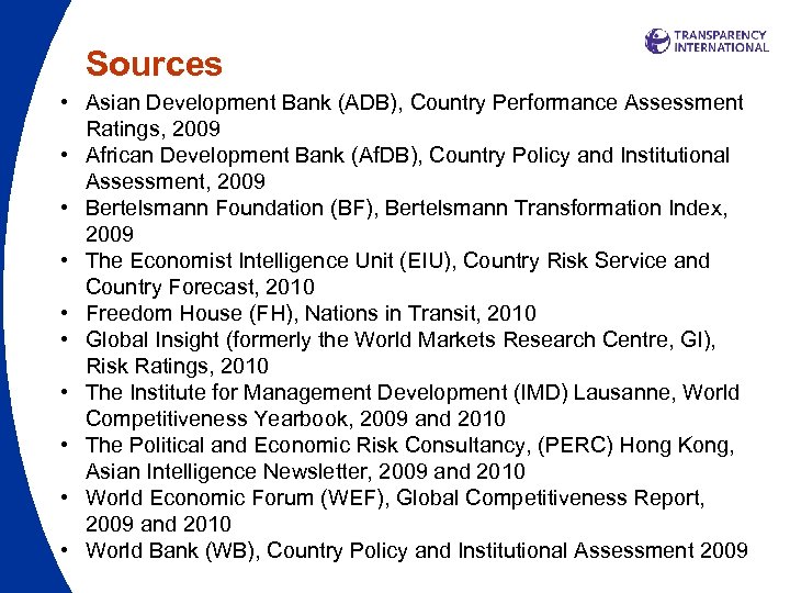 Sources • Asian Development Bank (ADB), Country Performance Assessment Ratings, 2009 • African Development