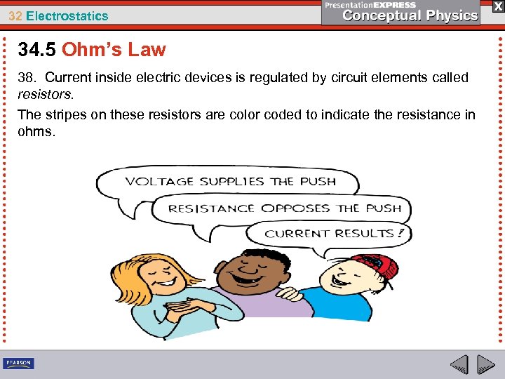 32 Electrostatics 34. 5 Ohm’s Law 38. Current inside electric devices is regulated by