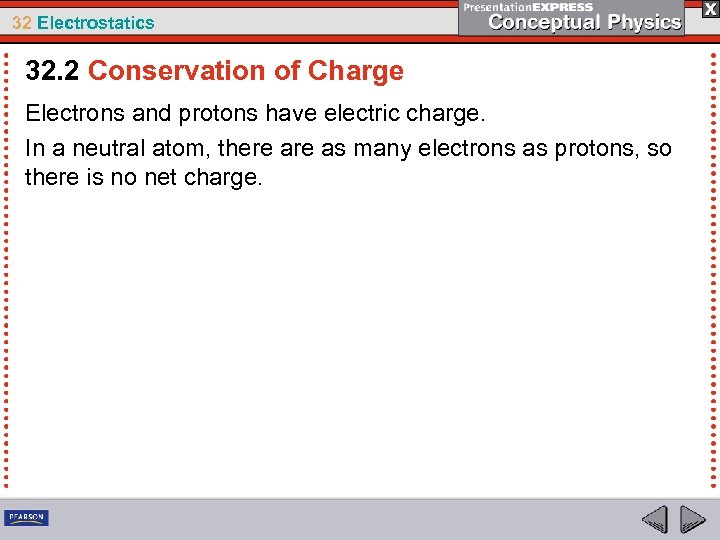 32 Electrostatics 32. 2 Conservation of Charge Electrons and protons have electric charge. In