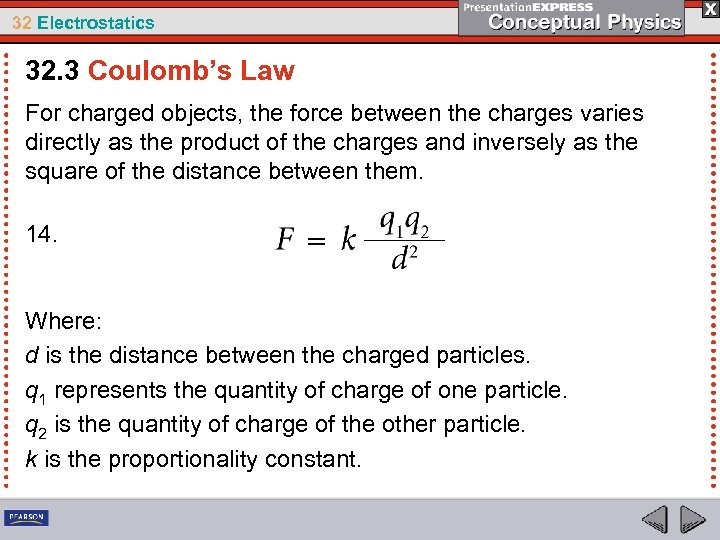 32 Electrostatics 32. 3 Coulomb’s Law For charged objects, the force between the charges