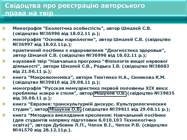 Свідоцтва про реєстрацію авторського права на твір v v v v Монографія “Екологічна особистість”,