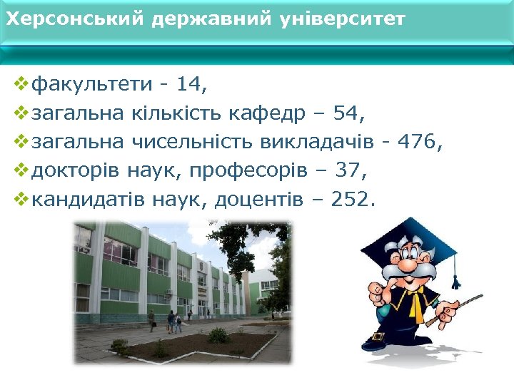 Херсонський державний університет v факультети - 14, v загальна кількість кафедр – 54, v