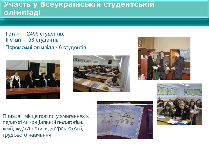 Участь у Всеукраїнській студентській олімпіаді І етап - 2495 студентів, ІІ етап - 56