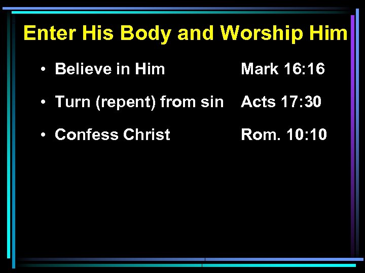 Enter His Body and Worship Him • Believe in Him Mark 16: 16 •