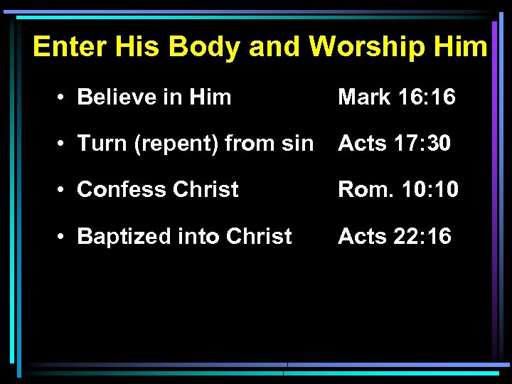 Enter His Body and Worship Him • Believe in Him Mark 16: 16 •