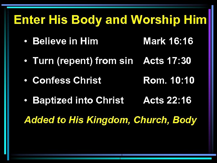 Enter His Body and Worship Him • Believe in Him Mark 16: 16 •