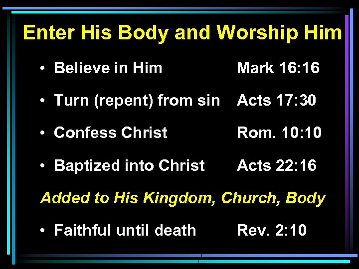 Enter His Body and Worship Him • Believe in Him Mark 16: 16 •
