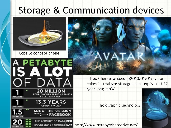 Storage & Communication devices Cobalto concept phone http: //thenextweb. com/2010/01/01/avatartakes-1 -petabyte-storage-space-equivalent-32 year-long-mp 3/ holographic