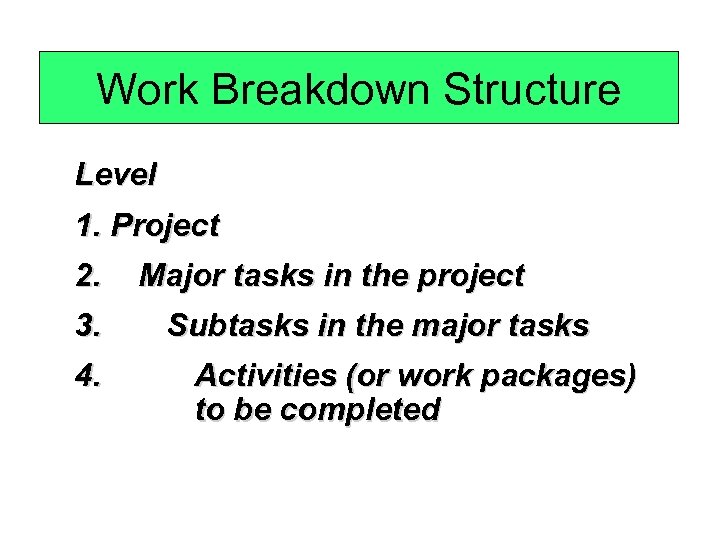 Work Breakdown Structure Level 1. Project 2. Major tasks in the project 3. 4.