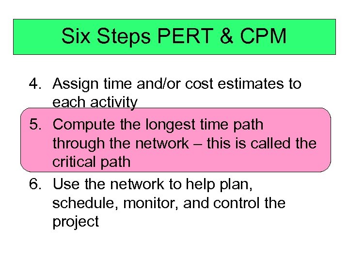 Six Steps PERT & CPM 4. Assign time and/or cost estimates to each activity