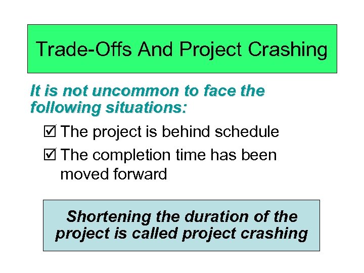 Trade-Offs And Project Crashing It is not uncommon to face the following situations: þ