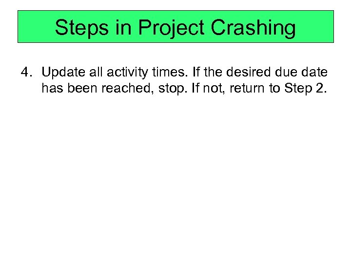 Steps in Project Crashing 4. Update all activity times. If the desired due date