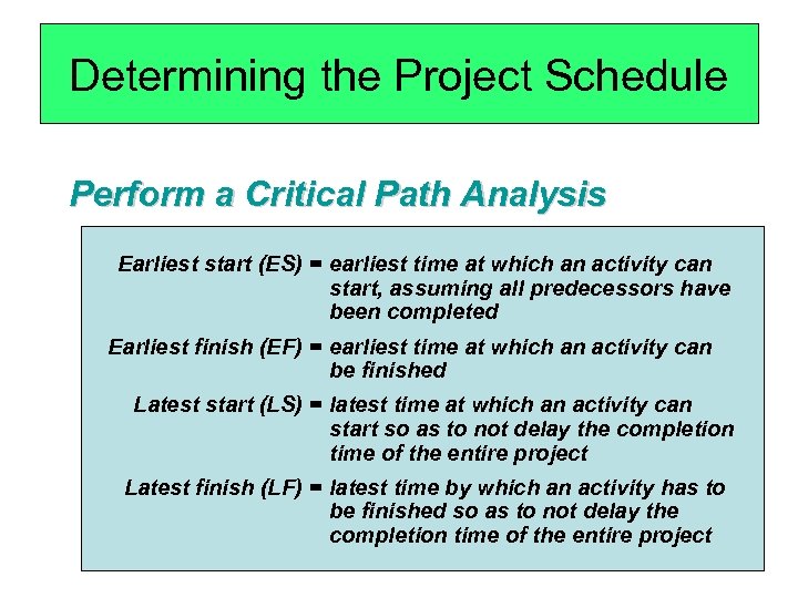 Determining the Project Schedule Perform a Critical Path Analysis Earliest start (ES) = earliest