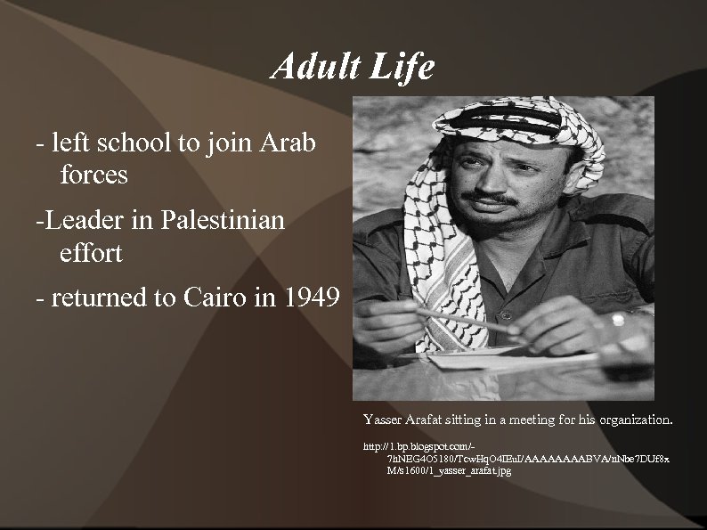 Adult Life - left school to join Arab forces -Leader in Palestinian effort -