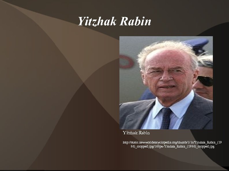 Yitzhak Rabin http: //static. newworldencyclopedia. org/thumb/1/1 c/Yitzhak_Rabin_(19 86)_cropped. jpg/160 px-Yitzhak_Rabin_(1986)_cropped. jpg 