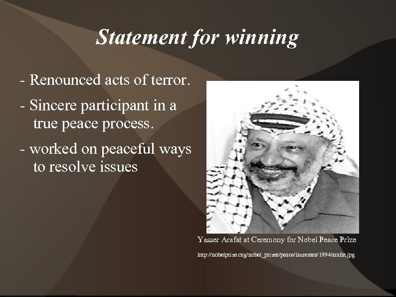 Statement for winning - Renounced acts of terror. - Sincere participant in a true
