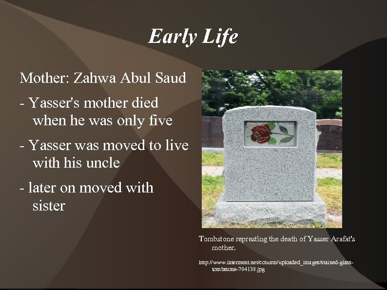 Early Life Mother: Zahwa Abul Saud - Yasser's mother died when he was only