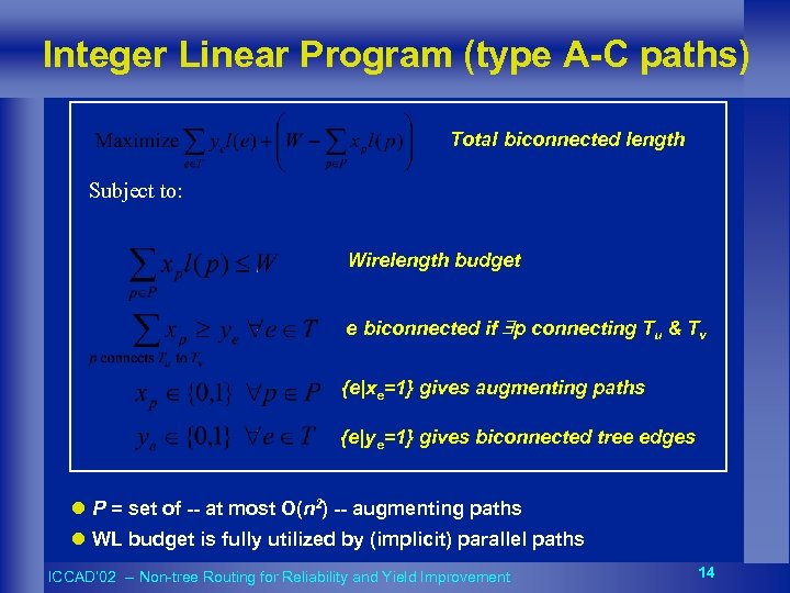 Integer Linear Program (type A-C paths) Total biconnected length Subject to: Wirelength budget e